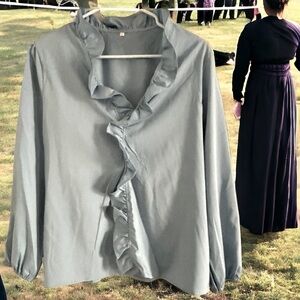 Amish Made Women's Modest Ruffled Baby Blue XL Long Sleeve Polyester Blouse NEW!